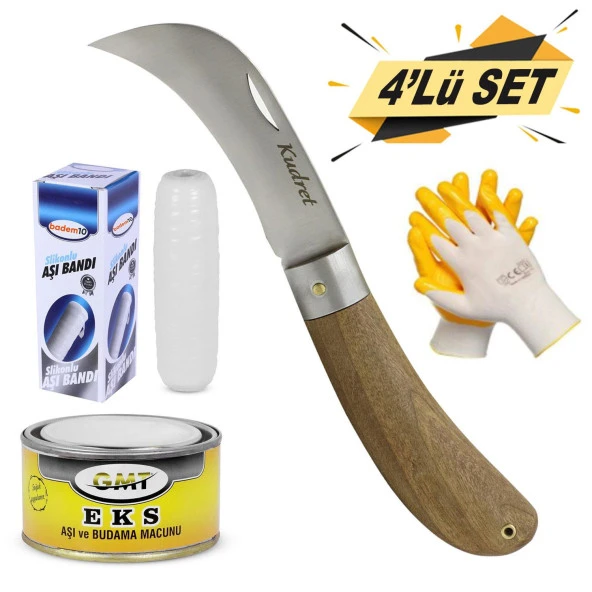 Kudret Aşı Bıçağı Eğri Uçlu Bağ Bıçağı Ara Çakı 21 cm + Aşı Bandı + Aşı Macunu + Eldiven (4'LÜ SET) ürün görseli 1