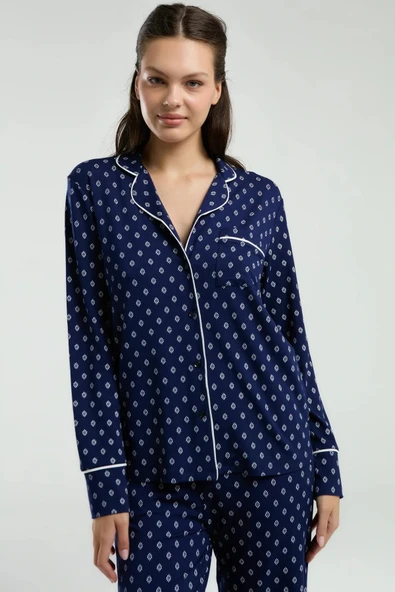 Boydan Düğmeli, Uzunkol Desenli Pijama Takım, Kutulu Çeyizlik Pijama Takım, %96 Viskon ürün görseli 1