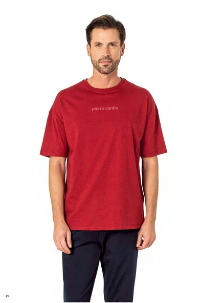 6086 Erkek Kısa Kollu Bisiklet Yaka Oversize Pijama Takım-bordo ürün görseli 1