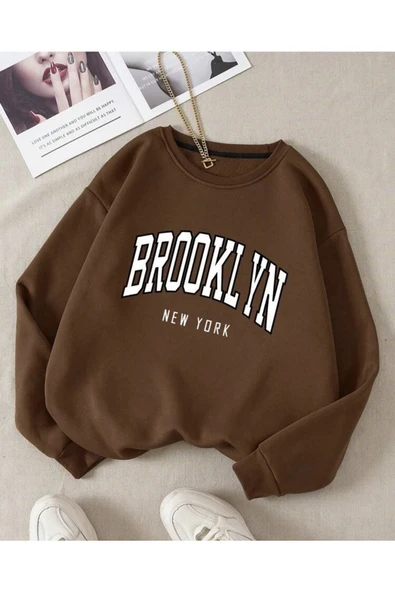Unisex Kahverengi Brooklyn Baskılı Oversize Sweatshirt ürün görseli 1