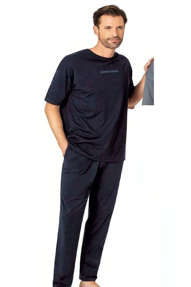 6086 Erkek Kısa Kollu Bisiklet Yaka Oversize Pijama Takım-lacivert ürün görseli 1