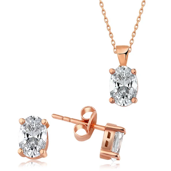 925 Ayar Gümüş Rose Oval Taş İkili Set ürün görseli 1