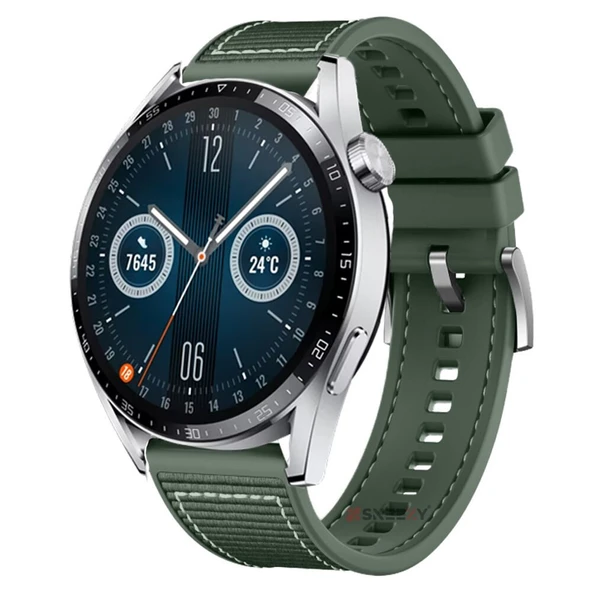 Huawei Watch GT2 Elite-Sport-Classic 46mm-GT2 Pro 22mm Uyumlu Dikiş Desenli Dokuma Silikon Kordon  Haki ürün görseli 1