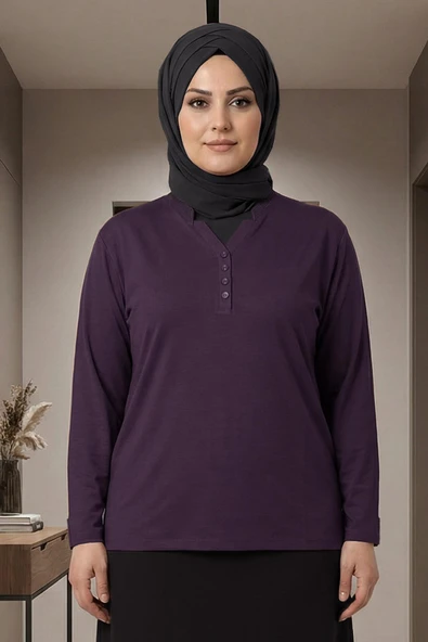 Cimariva Kadın Neval Büyük Beden V Yaka Taşlı Mürdüm Bluz ürün görseli 1