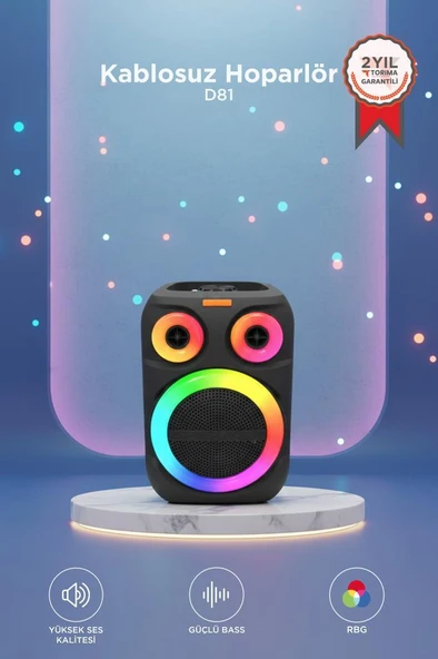 Bluetooth Hoparlör Rgb Işıklı Mikrofonlu 12W Kablosuz Taşınabilir Hoparlör D81 Siyah ürün görseli 1