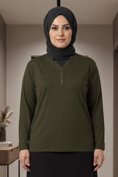 Cimariva Kadın Neval Büyük Beden V Yaka Taşlı Haki Bluz ürün görseli 1