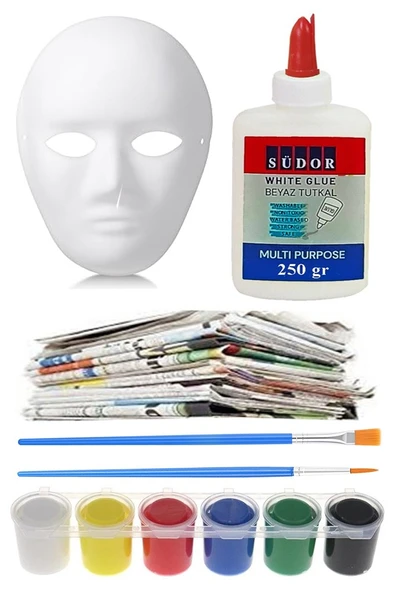 Karton Maske Yapım Seti 1 Adet Karton Maske Beyaz Tutkal Eski Gazete Akrilik Boya Resim Fırçası Kağıt Hamurundan Maske ürün görseli 1