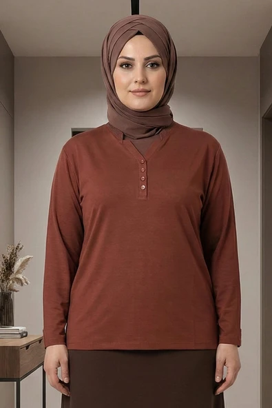Cimariva Kadın Neval Büyük Beden V Yaka Taşlı Taba Bluz ürün görseli 1