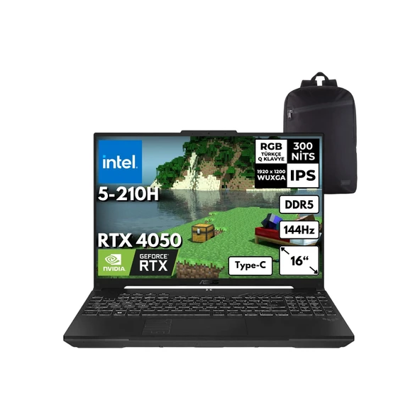 Tuf F16 Intel 5-210H 40-Gbddr5 1 Tbssd RTX4050 (6GB-140W) 16" Wuxga 144Hz Windows 10 Home + Sırt Çantası FX607VU-RL146HMF91 ürün görseli 1