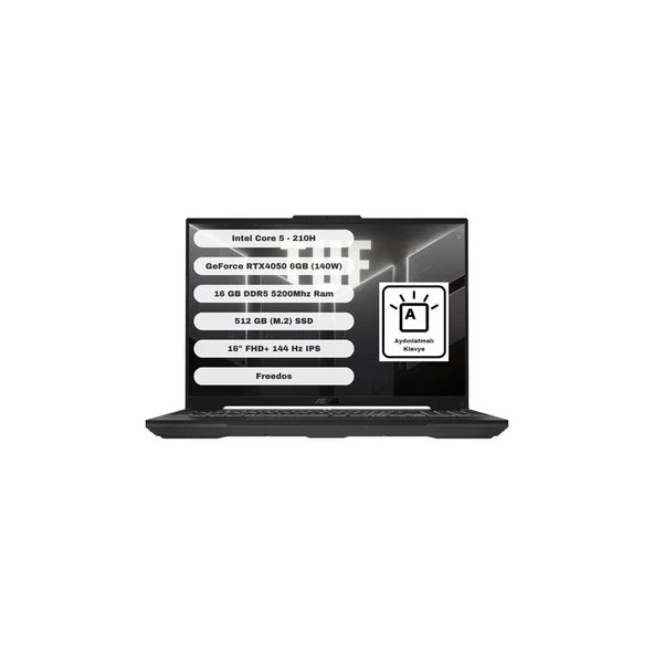 TUF Gaming FX607VU-RL017 Intel Core 5 210H 16GB 512GB SSD RTX4050 Freedos 16" Taşınabilir Bilgisayar ürün görseli 1