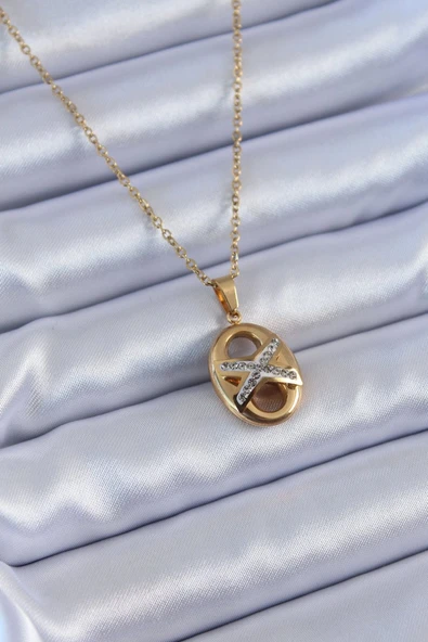 316L Çelik Gold Renk Zirkon Taşlı Kadın Kolye - TJ-BKO7635 ürün görseli 1