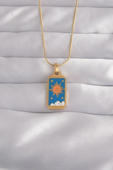316L Çelik Gold Renk Mavi Mineli Güneş Model Tarot Kolye - TJ-BKO9026 ürün görseli 1