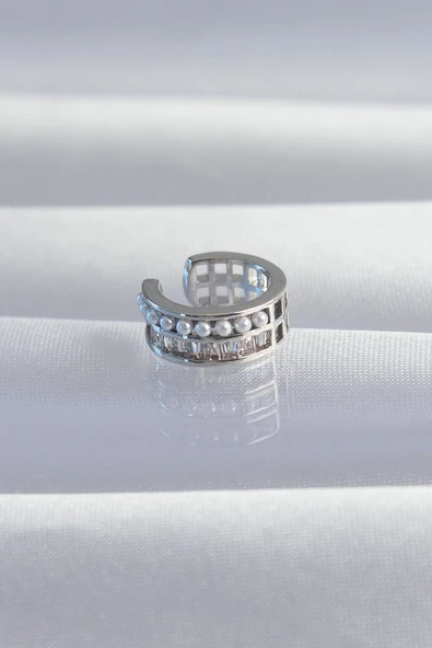 Pirinç Gümüş Renk İncili Baget Taşlı Earcuff Küpe - TJ-BKP9338 ürün görseli 1