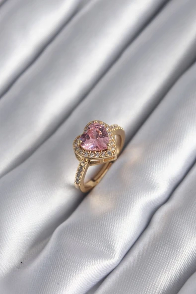 Pirinç Gold Renk Pembe Zirkon Taşlı Charm Kalp Model Kadın Yüzük - TJ-BYK2951 ürün görseli 1