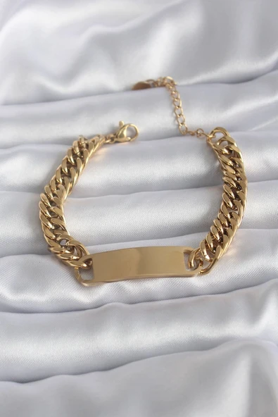 316L Çelik Gold Renk İsim Yazılabilir Plaka Model Kadın Bileklik - TJ-BB5744 ürün görseli 1