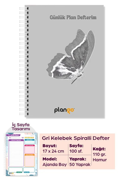 Gri Kelebek Spiralli Günlük Planlama Defteri - 100 Sayfa - 17x24 Planlayıcı Defter ürün görseli 1