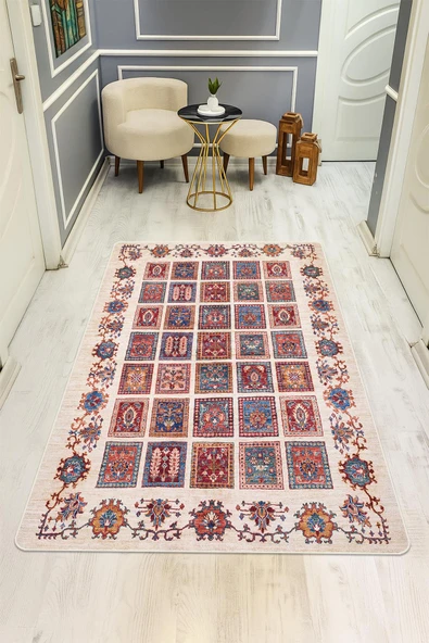 Etnik Desen Dijital Baskı Kaymaz Taban Halı H0020 RENKLİ 120 X 180 ürün görseli 1
