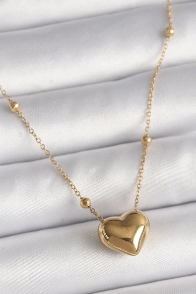 316L Çelik Gold Renk Topçuk Detaylı Zincir Kalp Model Kadın Kolye - TJ-BKO9772 ürün görseli 1