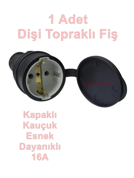 NEAD 1x16A Kauçuk Dişi Fiş Monofaze Kapaklı Seyyar Uzatma Topraklı Dişi Fiş Siyah ürün görseli 1