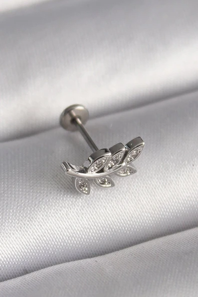 316L Çelik Gümüş Renk Dal Model Zirkon Taş Detaylı Tragus Piercing - TJ-PR1343 ürün görseli 1