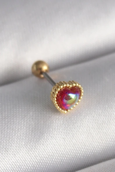 316L Çelik Gold Renk Kırmızı Mineli Kalp Tragus Piercing - TJ-PR1266 ürün görseli 1