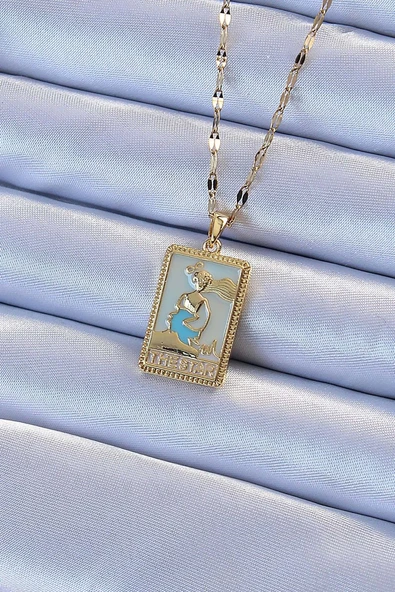 316L Çelik Zincir Altın Renk Mavi Mineli Tarot Kolye - TJ-BKO9211 ürün görseli 1