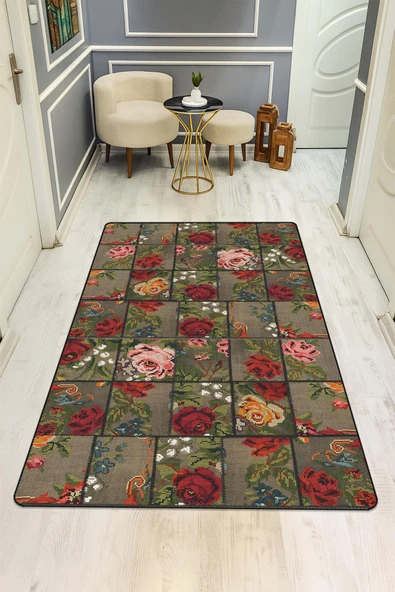 Vintage Desen Dijital Baskı Kaymaz Taban Halı H0023 RENKLİ 120 X 180 ürün görseli 1