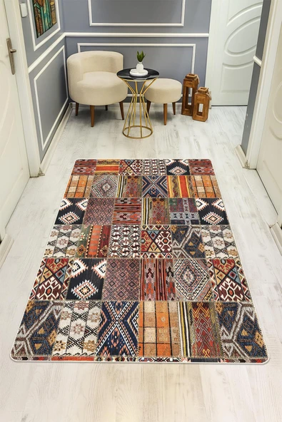 Etnik Desen Dijital Baskı Kaymaz Taban Halı H0017 RENKLİ 80 X 200 ürün görseli 1