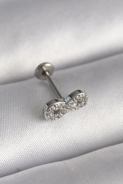 316L Çelik Gümüş Renk Zirkon Taşlı Sonsuzluk Model Tragus Piercing - TJ-PR1345 ürün görseli 1