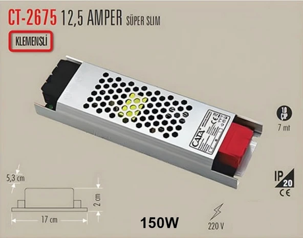 CATA Süper Slim 12v 12.5A Dc Şerit Led Trafosu 150w IP20 (12 Volt 12 Amper 12mt ye Kadar Kullanım İçin Uygundur) ürün görseli 1