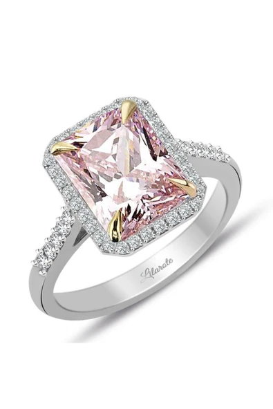 Pırlanta Ve Pembe Topaz Baget Kesim Tektaş Yüzük ürün görseli 1