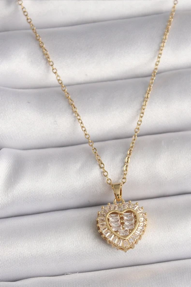 316L Çelik Gold Renk Zincir Zirkon Taşlı Kalp Model Kadın Kolye - TJ-BKO9786 ürün görseli 1
