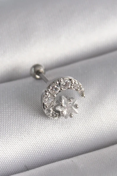316L Çelik Gümüş Renk Zirkon Taşlı Ay Yıldız Tragus Piercing - TJ-PR1257 ürün görseli 1