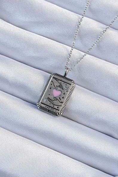 316L Çelik Zincir Eskitme Gümüş Renk Pembe Mineli Kalp Figürlü Tarot Kolye - TJ-BKO9232 ürün görseli 1