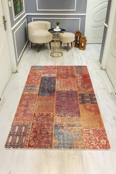 Etnik Desen Dijital Baskı Kaymaz Taban Halı H0028 RENKLİ 80 X 200 ürün görseli 1