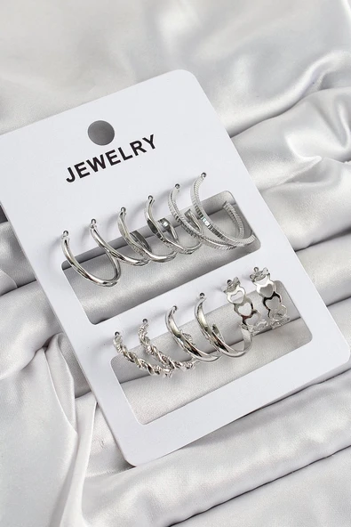 Pirinç Karışık Halka Model Gümüş Renk 6 Çift Kadın Küpe Set - TJ-BKP10877 ürün görseli 1