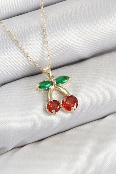 Pirinç Zirkon Taşlı Kiraz Model Gold Renk Kadın Kolye - TJ-BKO10420 ürün görseli 1