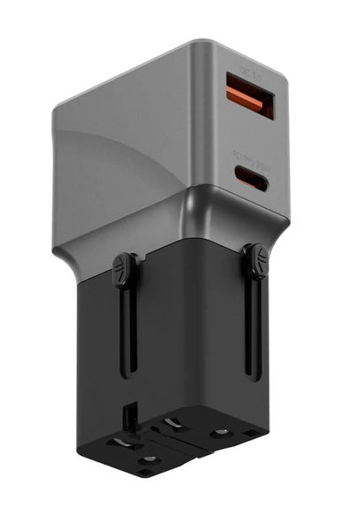 TravelWorld Universal 1 Adet 25W Type-C ve 1 Adet 18W USB 3.0 Çıkışlı Hızlı Şarj Aleti - Koyu Gri ürün görseli 1
