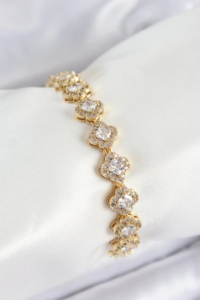 Pirinç Zirkon Taşlı Yonca Baget Model Gold Renk VIP Seri Kadın Bileklik - TJ-BB7510 ürün görseli 1