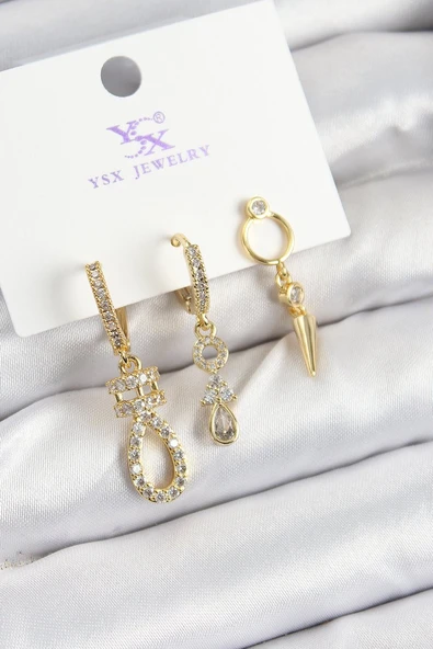 Pirinç Zİrkon Taşlı Sallantılı Model Gold Renk 3'lü Kadın Küpe - TJ-BKP10939 ürün görseli 1