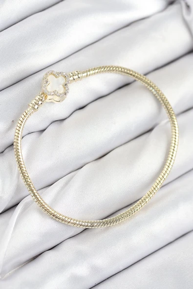 Pirinç Charm Zirkon Taşlı Yonca Model Gold Renk Kadın Bileklik - TJ-BB7805 ürün görseli 1