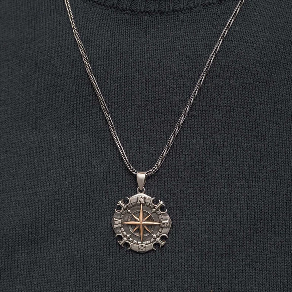 Gümüş Oksitli Pusula Erkek Kolye - Resim 4