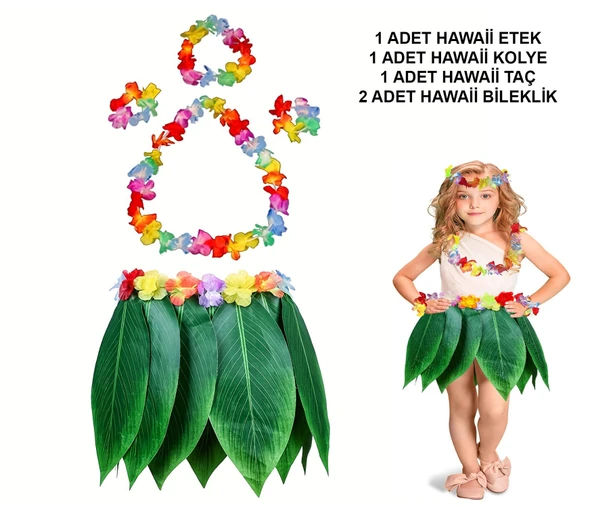 Çocuk Hawaii Kostüm Seti - Yaprak Etek Hawaii Set - 5 Parça ürün görseli 1