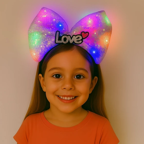 LED Işıklı Love Yazılı Mor Fiyonk Taç – Kız Çocuk Parti Tacı ürün görseli 1