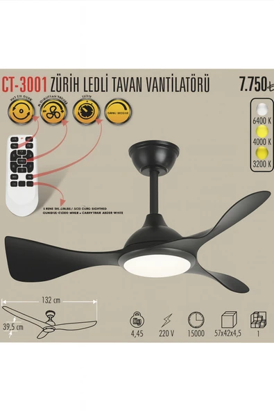 Cata LEDLİ VE SESSİZ TAVAN VANTİLATÖRÜ ürün görseli 1