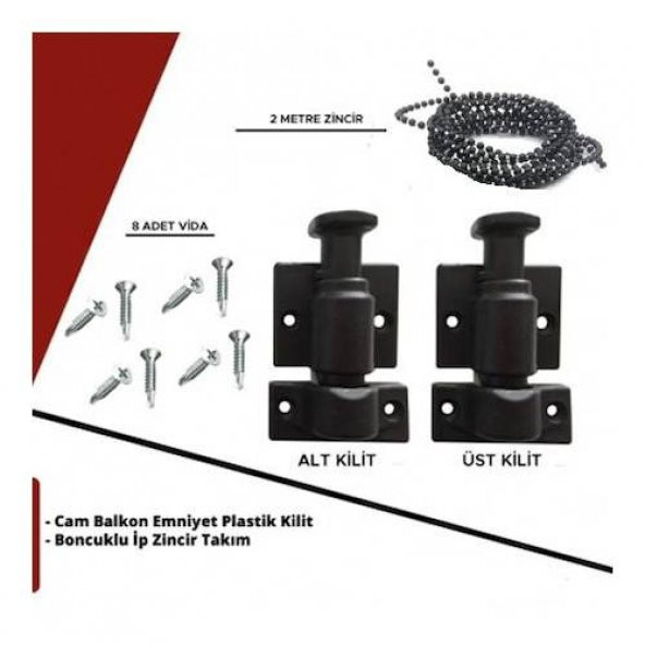 KALİTE - CAM BALKON EMNİYET PLASTİK KİLİT - BONCUKLU İP ZİNCİR TAKIM SETİ ürün görseli 1