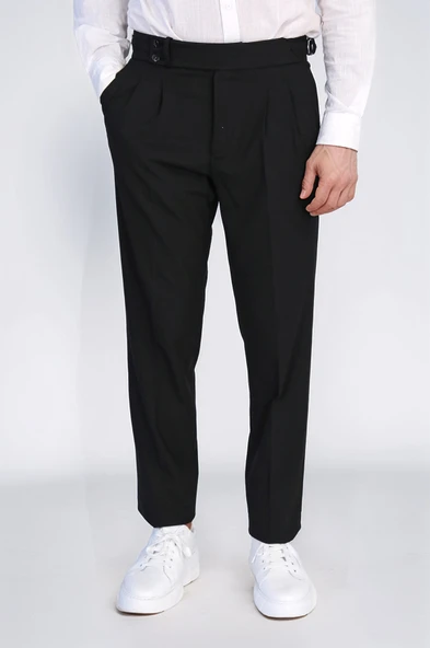 Old Money Stil Çift Pileli Yüksek Bel Toka Detaylı Slim Fit Siyah Erkek Pantolon – Wessi ürün görseli 1