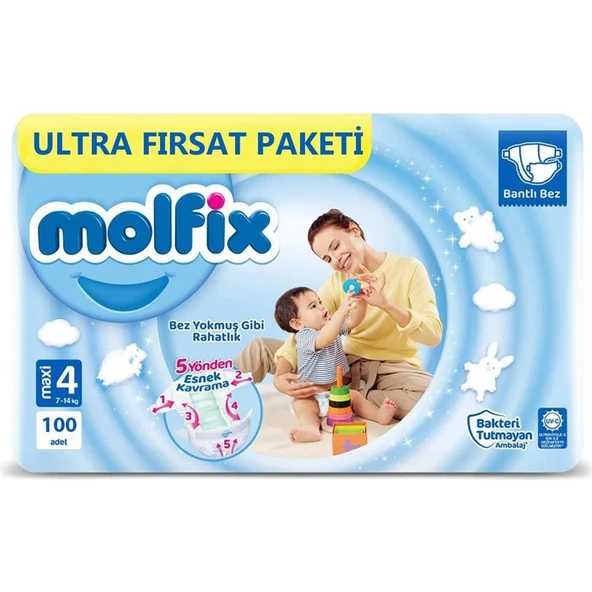 Molfix Bebek Bezi 3D 4 Beden Maxi 7-14 Kg 100lü Ultra Fırsat Paketi ürün görseli 1