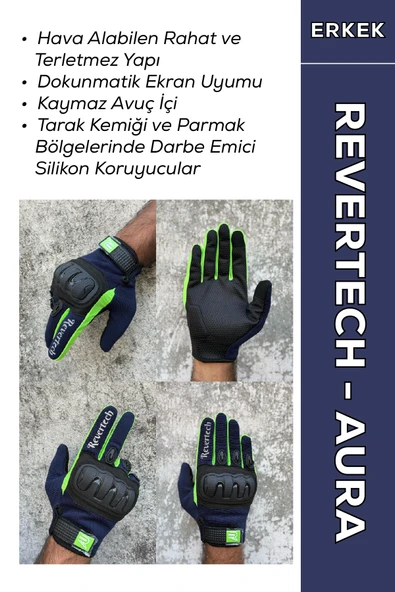 Revertech Aura Lacivert / Neon - Dokunmatik Ekran Uyumlu Erkek Motosiklet Eldiveni + BUFF HEDİYELİ ürün görseli 1