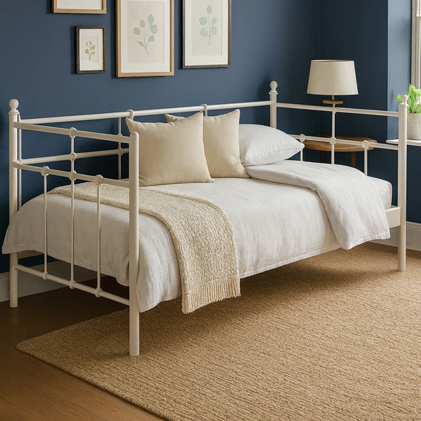 Unimet Lalas Daybed Tek Kişilik Sedir Metal Karyola 90x200 Beyaz (AHŞAP LATALI) ürün görseli 1